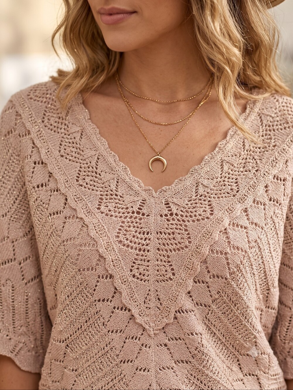 Cream Boho Metallic Crochet Knit V Neck Top Romantic Coastal Cowgirl